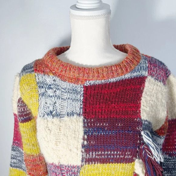 Anthropologie Artisan de Luxe Wool Blend Patchwork Fringe Sweater  Size S - Picture 2 of 6